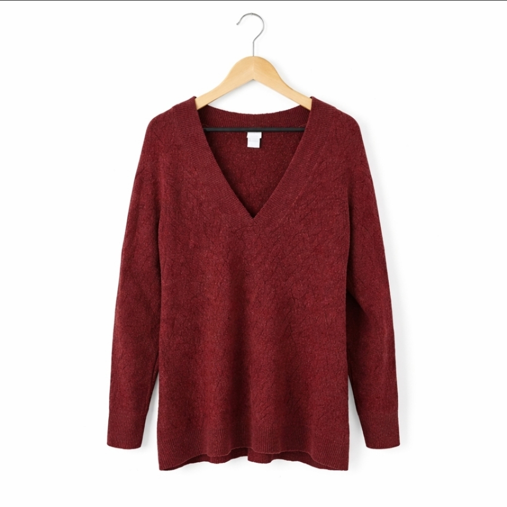 Chicos Burgundy V-neck Herringbone-textured Knit Sweater Sz 3 (XL)